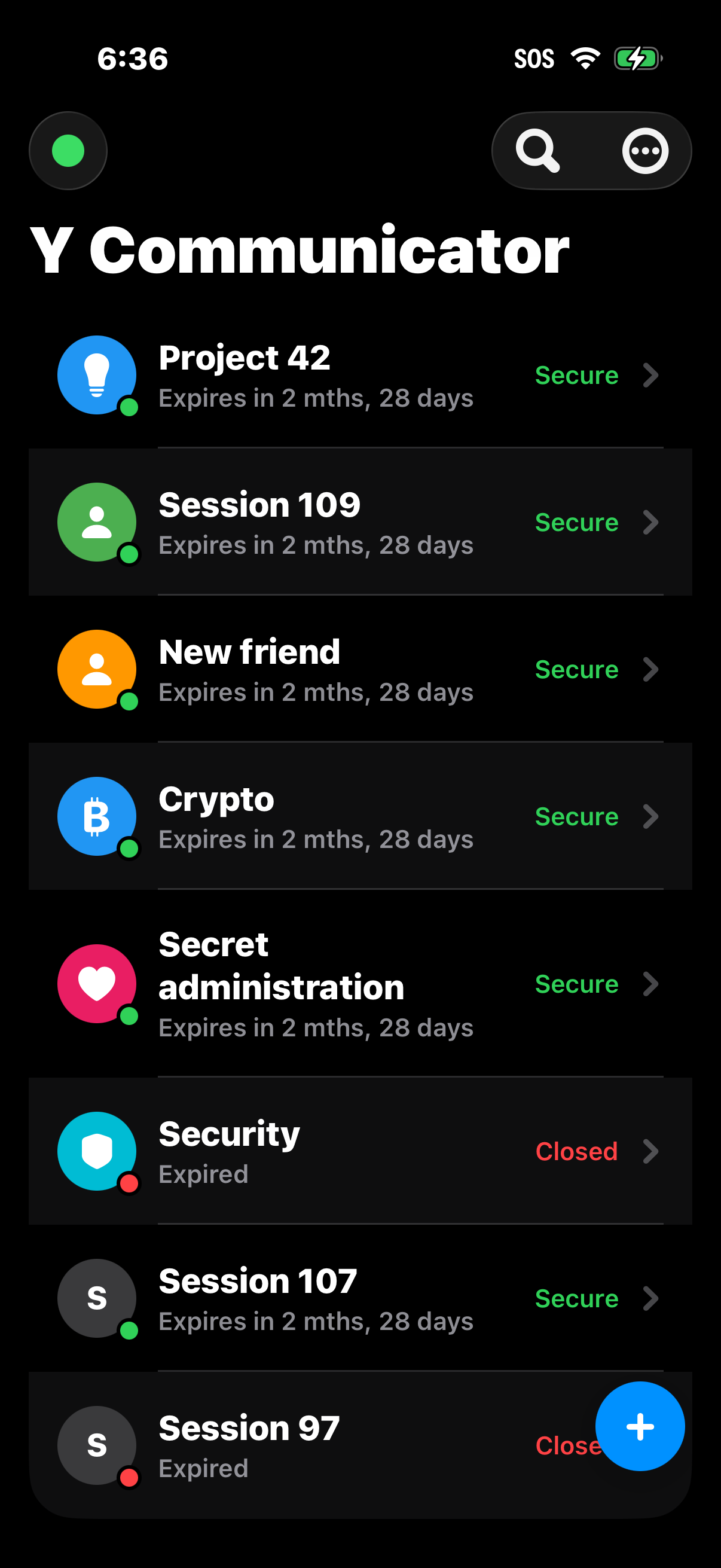 Y Communicator iOS sessions screen screenshot